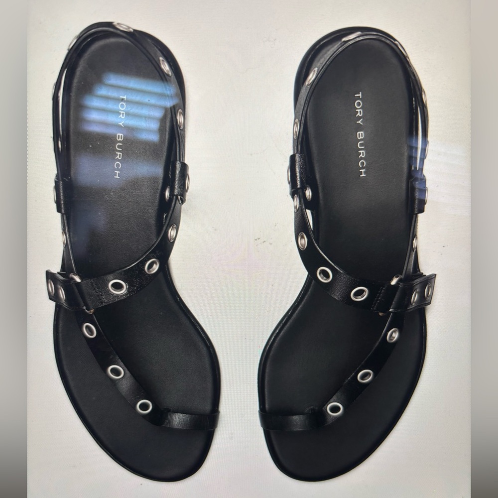 Tory Burch women’s eyelet thong Black Sandals with Geometric Straps